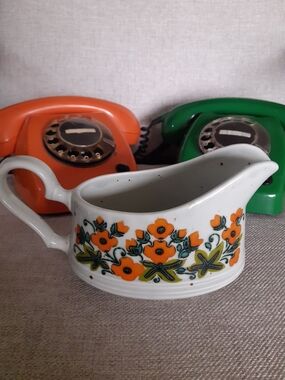 Vintage Floral Johnson Bros Ceramic Gravy Boat - Orange & Green Flower Motif